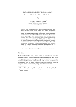 CRITICAL REALISM in the PERSONAL DOMAIN Spinoza and Explanatory Critique of the Emotions by MARTIN JAMES EVENDEN Introduction As