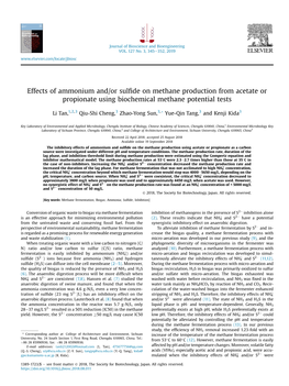 Effects of Ammonium And/Or Sulfide on Methane Production from Acetate Or Propionate Using Biochemical Methane Potential Tests