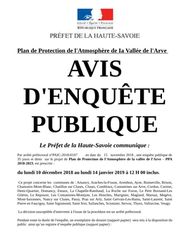 AVIS D'enquête PUBLIQUE Le Préfet De La Haute-Savoie Communique