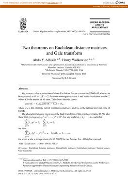 Two Theorems on Euclidean Distance Matrices and Gale Transform Abdo Y
