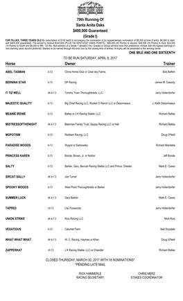 79Th Running of Santa Anita Oaks $400000