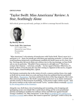 'Taylor Swift: Miss Americana' Review: a Star, Scathingly Alone