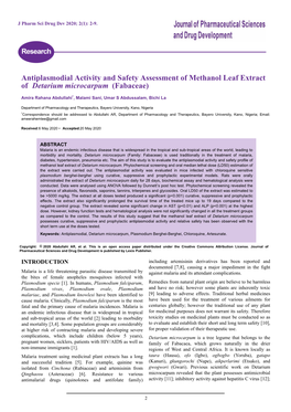 Antiplasmodial Activity and Safety Assessment of Methanol Leaf Extract of Detarium Microcarpum (Fabaceae)