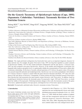 On the Generic Taxonomy of Opisthotropis Balteata (Cope, 1895) (Squamata: Colubridae: Natricinae): Taxonomic Revision of Two Natricine Genera