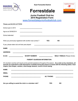 Forrestdale Junior Football Club Inc 2014 Registration Form