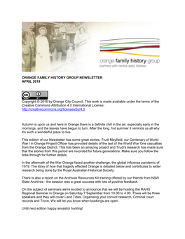 ORANGE FAMILY HISTORY GROUP NEWSLETTER APRIL 2019 Copyright © 2016 by Orange City Council. This Work Is Made Available Under Th