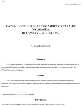 Catalogo De Los Blattodea (Dictyoptera) De Nicaragua