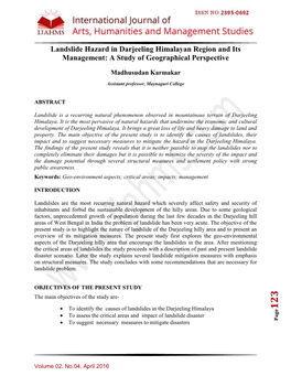 Landslide Hazard in Darjeeling Himalayan Region and Its Management: a Study of Geographical Perspective