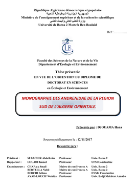 Monographie Des Andrenidae De La Region Sud De L