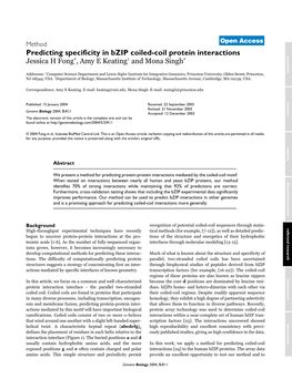 Predicting Specificity in Bzip Coiled-Coil Protein Interactions Comment Jessica H Fong*, Amy E Keating† and Mona Singh*