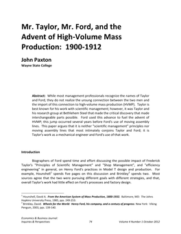 Mr. Taylor, Mr. Ford, and the Advent of High-Volume Mass Production: 1900-1912