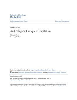 An Ecological Critique of Capitalism Macauley Berg University of San Diego