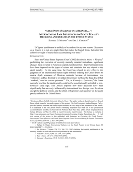 “Like Snow [Falling] on a Branch . . .”: International Law Influences on Death Penalty Decisions and Debates in the United States * ** Russell G