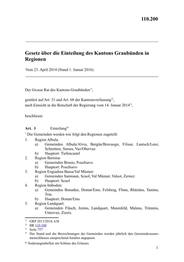 Gesetz Über Die Einteilung Des Kantons Graubünden in Regionen