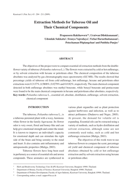 Extraction Methods for Tuberose Oil and Their Chemical Components