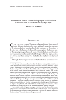 Escape from Rome: Teofan Prokopovych and Ukrainian Orthodox Ties to the Eternal City, 1650–1721* Andr Ey V