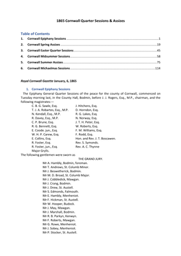 1865 Cornwall Quarter Sessions & Assizes Table of Contents