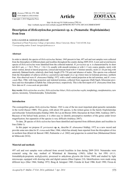 Description of Helicotylenchus Persiaensis Sp. N. (Nematoda: Hoplolaimidae) from Iran