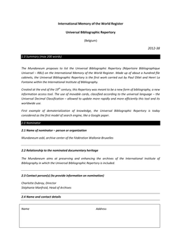 International Memory of the World Register Universal Bibliographic