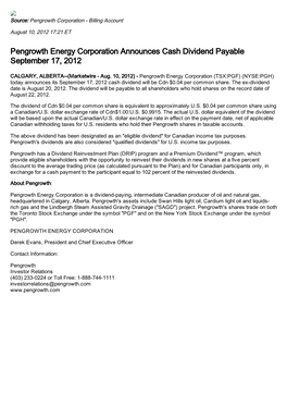 Pengrowth Energy Corporation Announces Cash Dividend Payable September 17, 2012