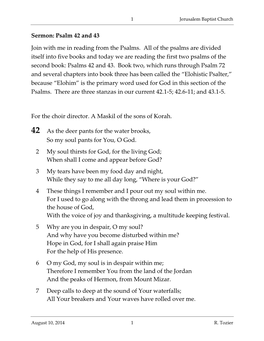 Sermon: Psalm 42 and 43 Join with Me in Reading from the Psalms. All