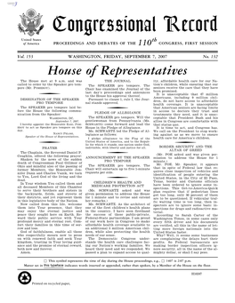 Congressional Record United States Th of America PROCEEDINGS and DEBATES of the 110 CONGRESS, FIRST SESSION