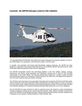 Leonardo: the AW169 Helicopter Achieves FAA Validation