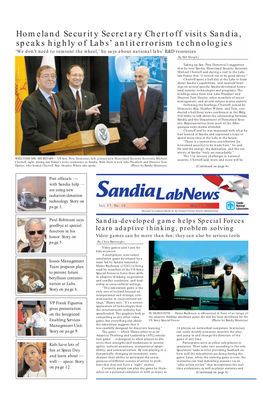 Homeland Security Secretary Chertoff Visits Sandia, Speaks Highly of Labs