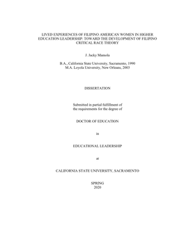 Lived Experiences of Filipino American Women in Higher Education Leadership: Toward the Development of Filipino Critical Race Theory