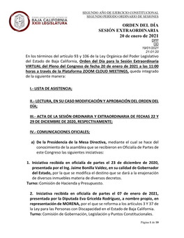 ORDEN DEL DÍA SESIÓN EXTRAORDINARIA 20 De Enero De 2021