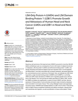 LMO4) and LIM Domain Binding Protein 1 (LDB1) Promote Growth and Metastasis of Human Head and Neck Cancer (LMO4 and LDB1 in Head and Neck Cancer