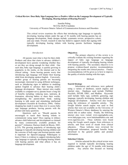 Critical Review: Does Baby Sign Language Have a Positive Affect on the Language Development of Typically Developing, Hearing Infants of Hearing Parents?