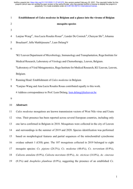 Establishment of Culex Modestus in Belgium and a Glance Into the Virome of Belgian