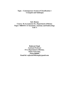 Topic – Contemporary System of Classification 1 Cronquist and Takhtajan