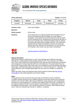 Varroa Destructor Global Invasive