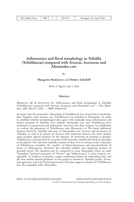 Inflorescence and Floral Morphology in Tofieldia (Tofieldiaceae) Compared with Araceae, Acoraceae and Alismatales S.Str