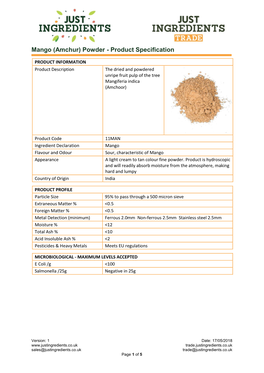 Mango (Amchur) Powder - Product Specification