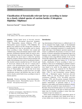 Classification of Forensically-Relevant Larvae According to Instar in A