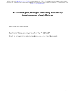 A Screen for Gene Paralogies Delineating Evolutionary Branching Order of Early Metazoa