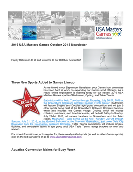 2016 USA Masters Games October 2015 Newsletter