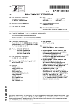 PLANTS TOLERANT to HPPD INHIBITOR HERBICIDES HPPD-Inhibitorherbizid-Resistente Pflanzen Plantes Tolérantes À Des Herbicides Inhibant L’HPPD