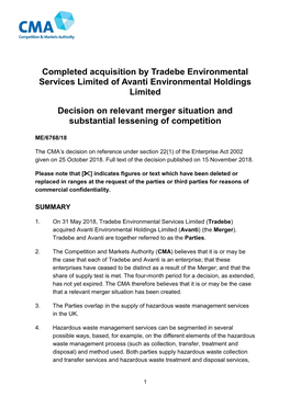 Completed Acquisition by Tradebe Environmental Services Limited of Avanti Environmental Holdings Limited