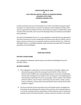 Constitution and by Laws of Faith Free Will Baptist Church of Chandler Indiana 303 North Fifth Street Chandler, Indiana 47510