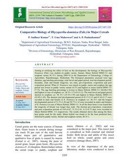 Comparative Biology of Rhyzopertha Dominica (Fab.) in Major Cereals