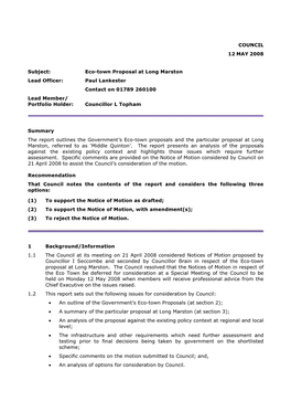 Eco-Town Proposal at Long Marston Lead Officer: Paul Lankester Contact on 01789 260100 Lead Member/ Portfolio Holder: Councillor L Topham