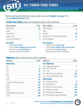 511 Touch-Tone Codes