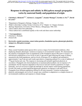 Response to Nitrogen and Salinity in Rhizophora Mangle Propagules Varies by Maternal Family and Population of Origin