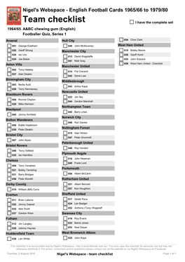 Team Checklist I Have the Complete Set 1964/65 A&BC Chewing Gum (English) Footballer Quiz, Series 1