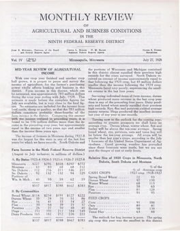 Monthly Review of Agricultural and Business Conditions in the Ninth Federal Reserve District