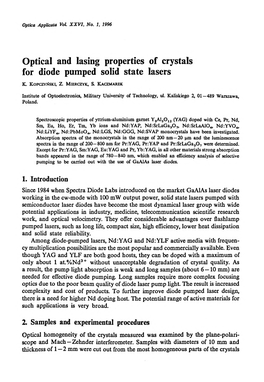 Optical and Lasing Properties of Crystals for Diode Pumped Solid State Lasers